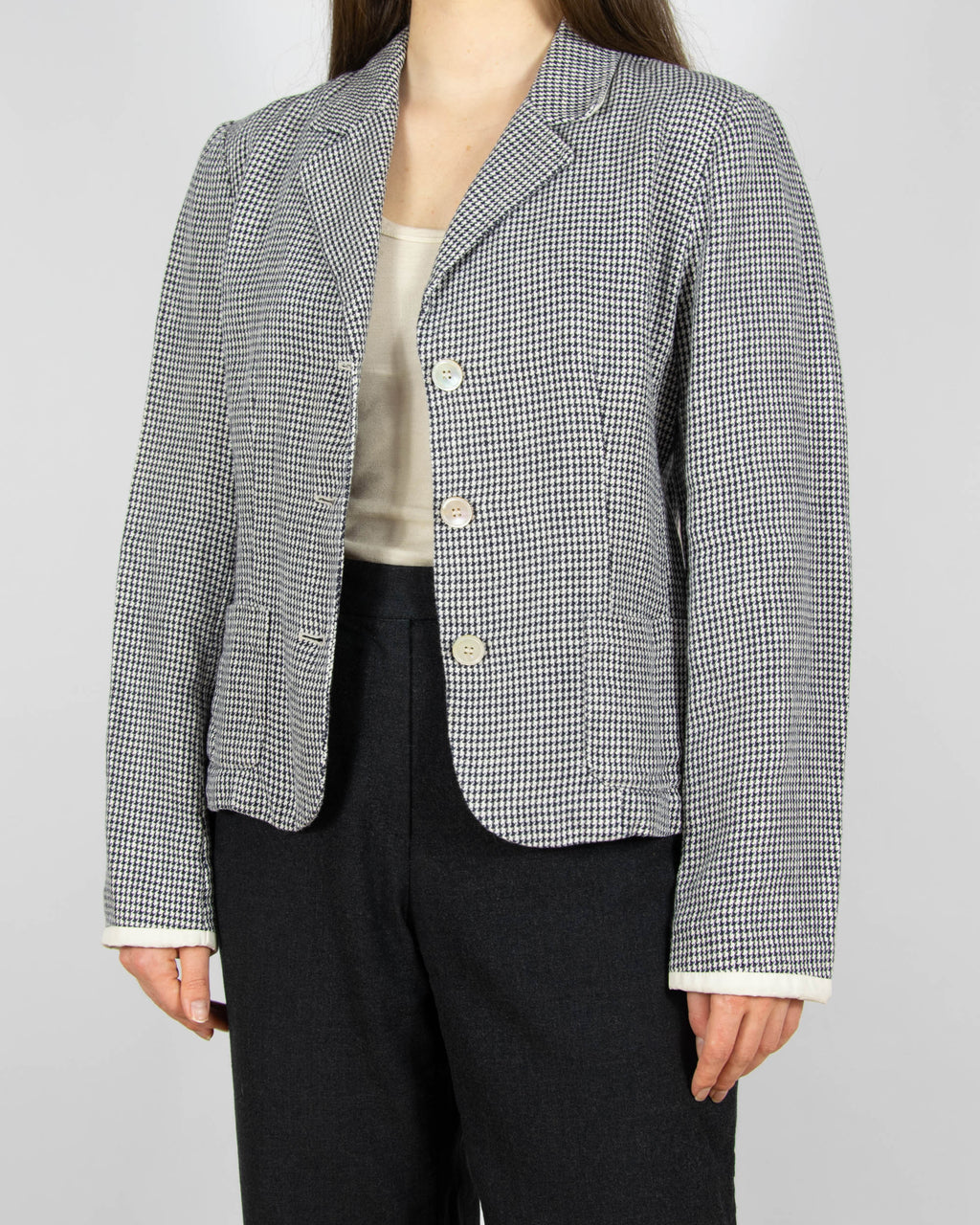 Czarno biały lniany żakiet w pepitkę włoskiej marki premium Max Mara z linii 'S Max Mara