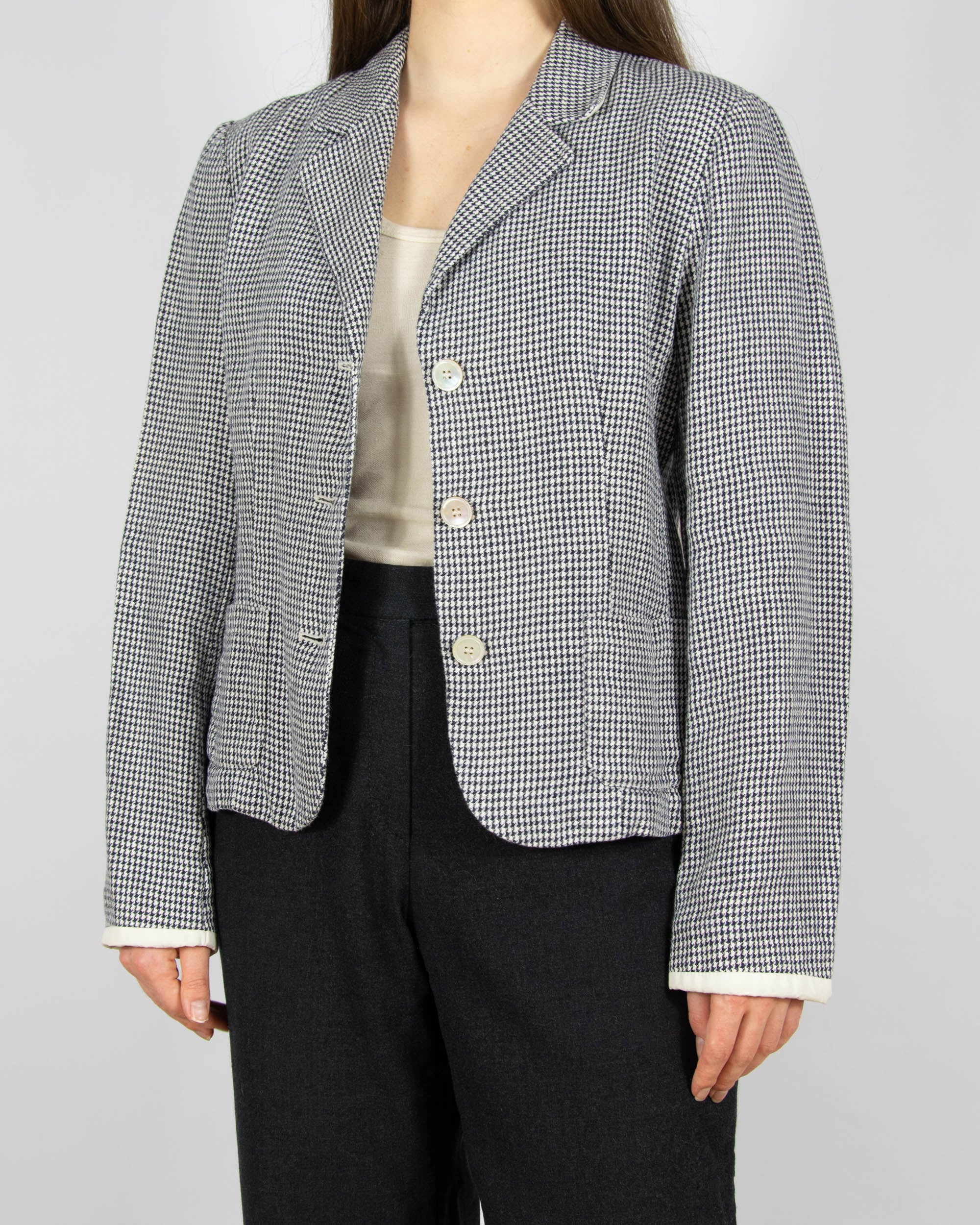 Czarno biały lniany żakiet w pepitkę włoskiej marki premium Max Mara z linii 'S Max Mara