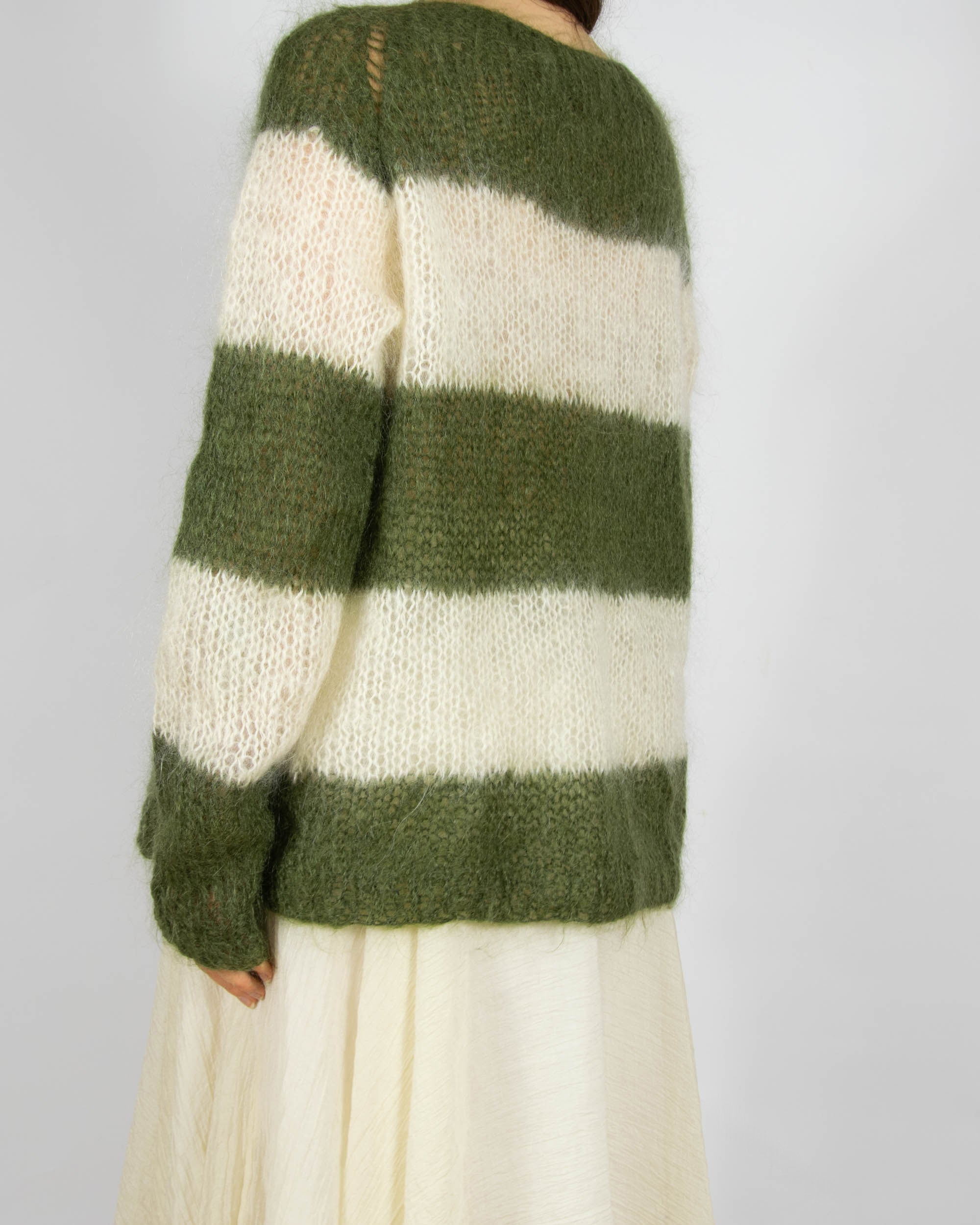 Kremowo oliwkowy moherowy sweter w paski Handmade - M