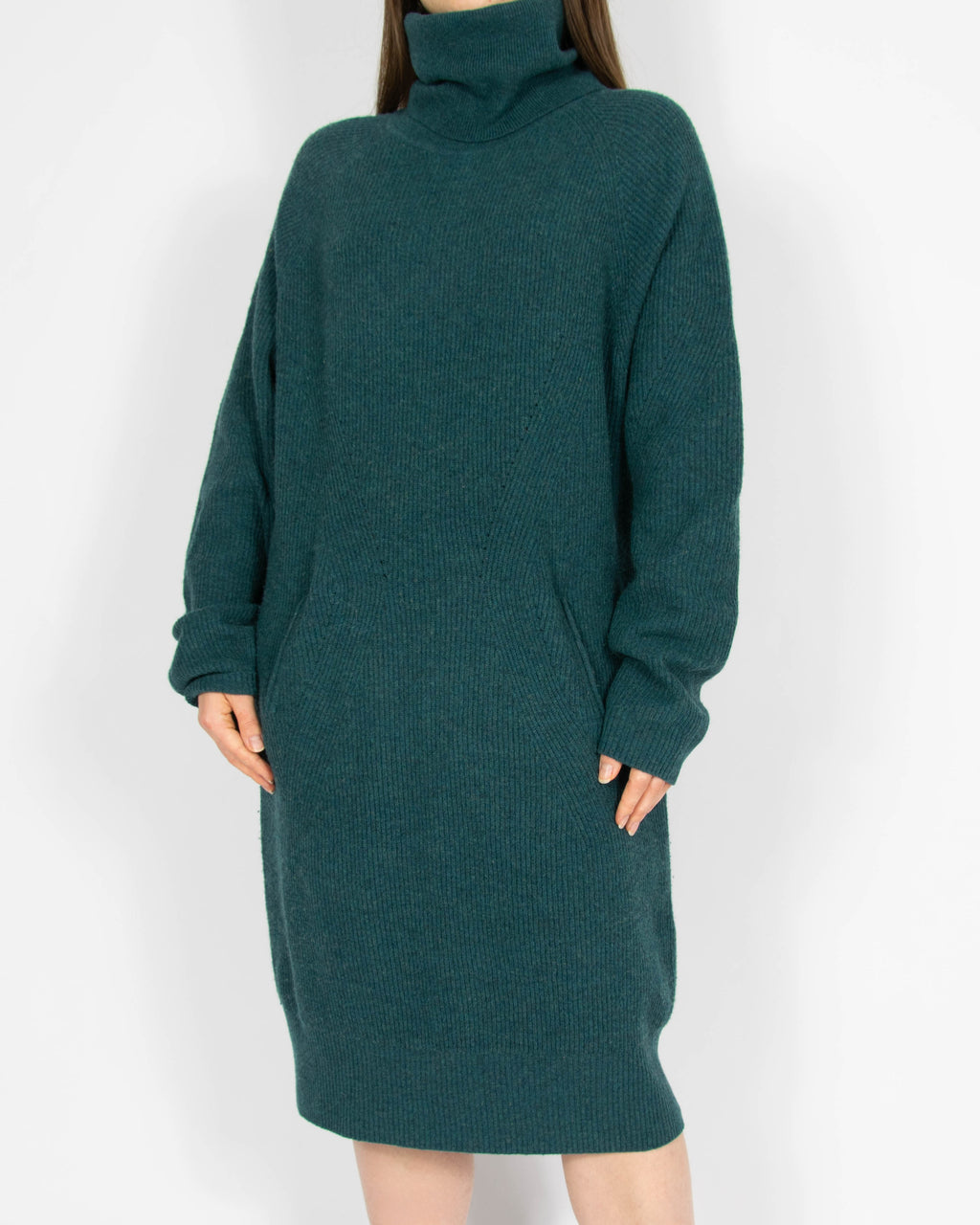 Morska wełniana (merino extra fine) sukienka z golfem WOODLING