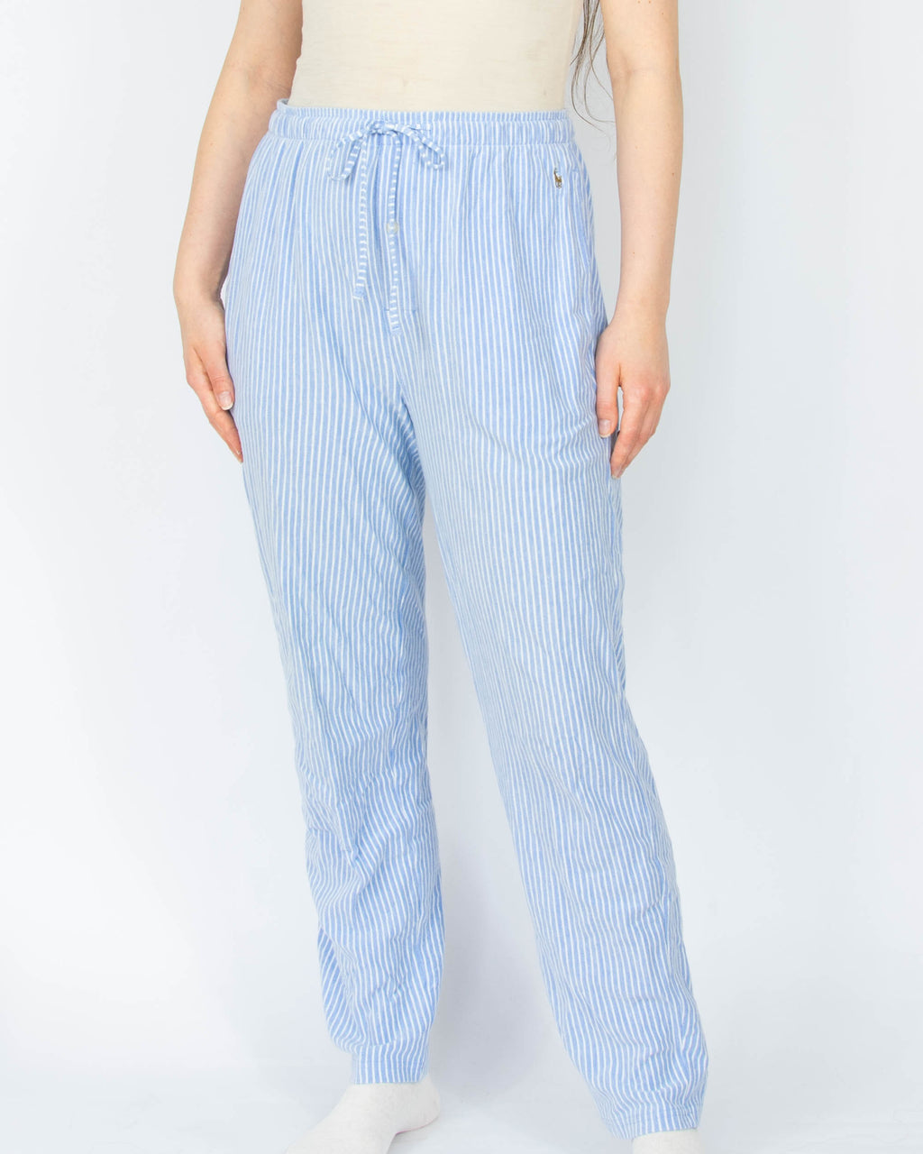 Niebiesko białe bawełniane spodnie od piżamy w paski marki premium Ralph Lauren