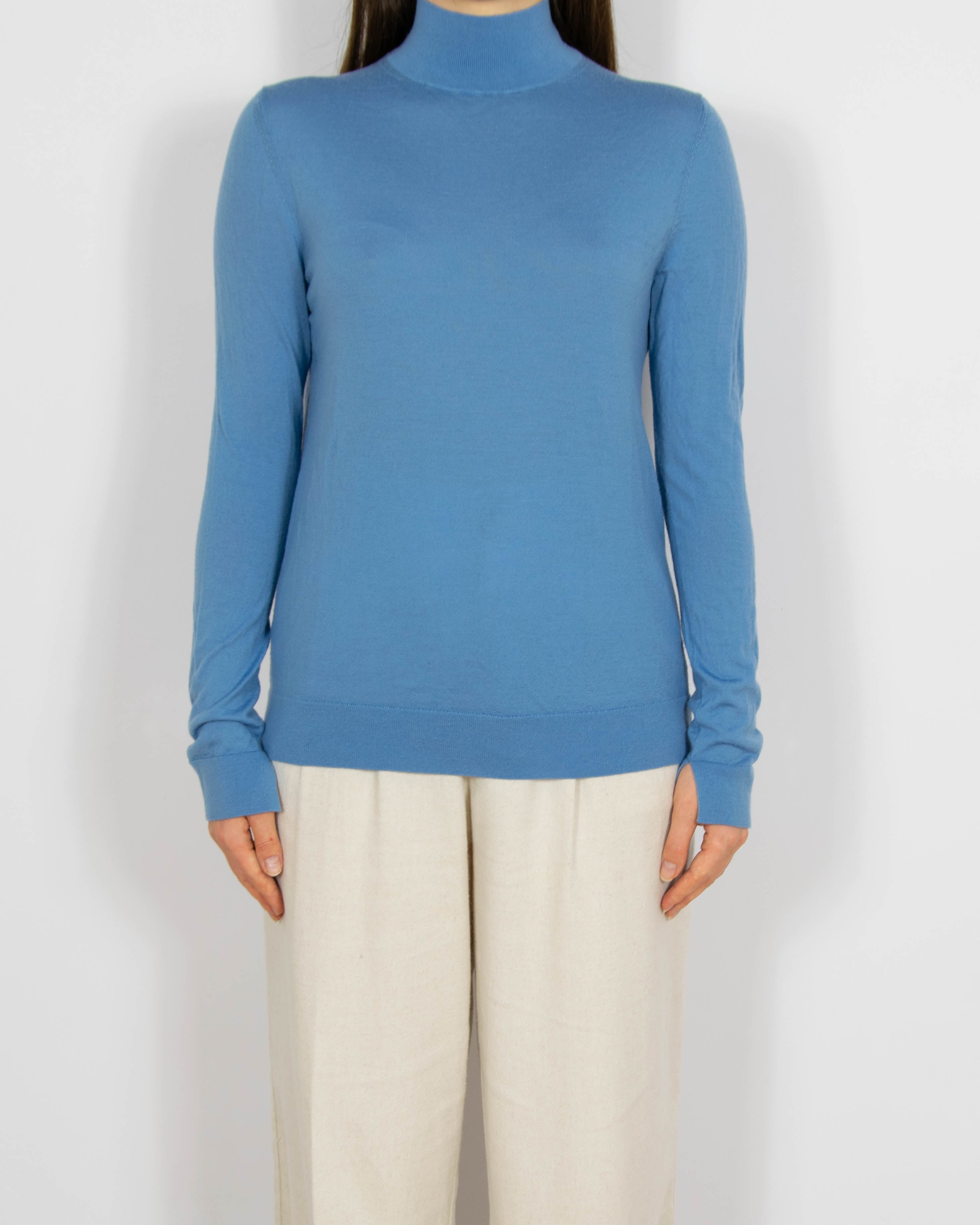 Niebieski wełniany (merino superfine) sweter z golfem Hugo Boss