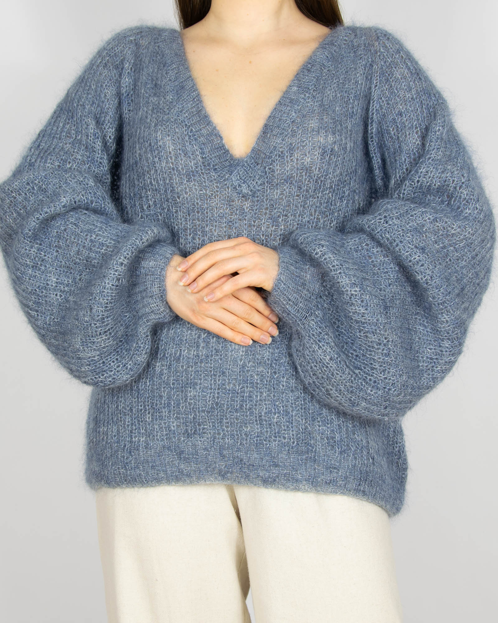 Niebiesko szary moherowy sweter HANDMADE