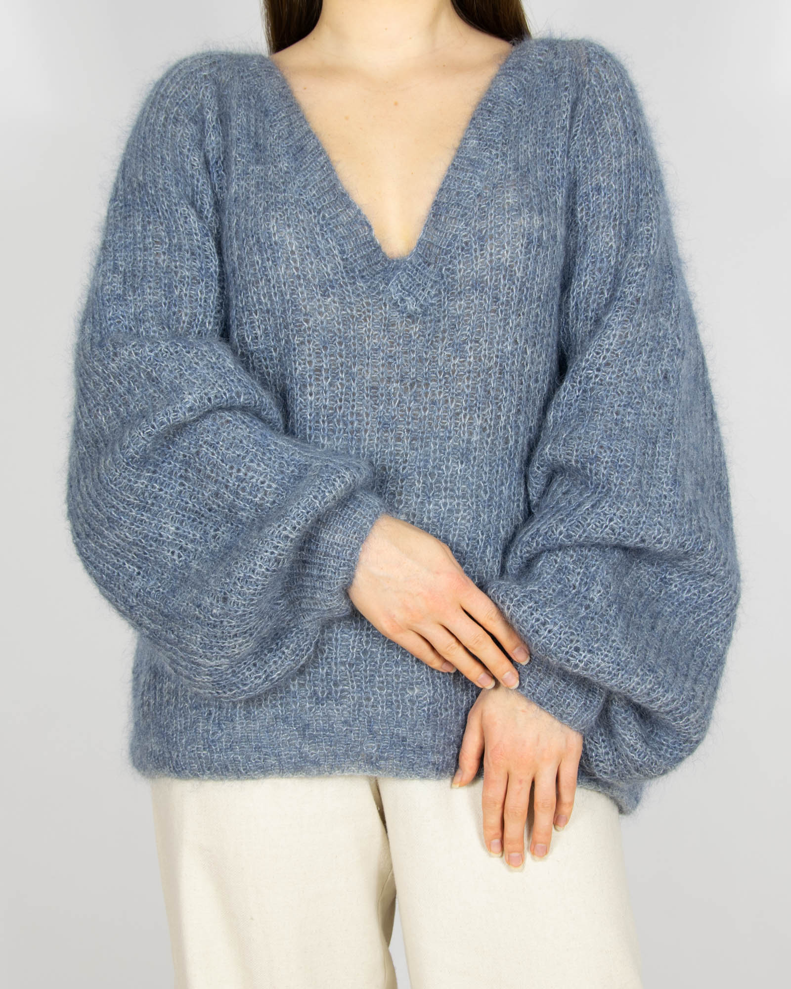 Niebiesko szary moherowy sweter HANDMADE