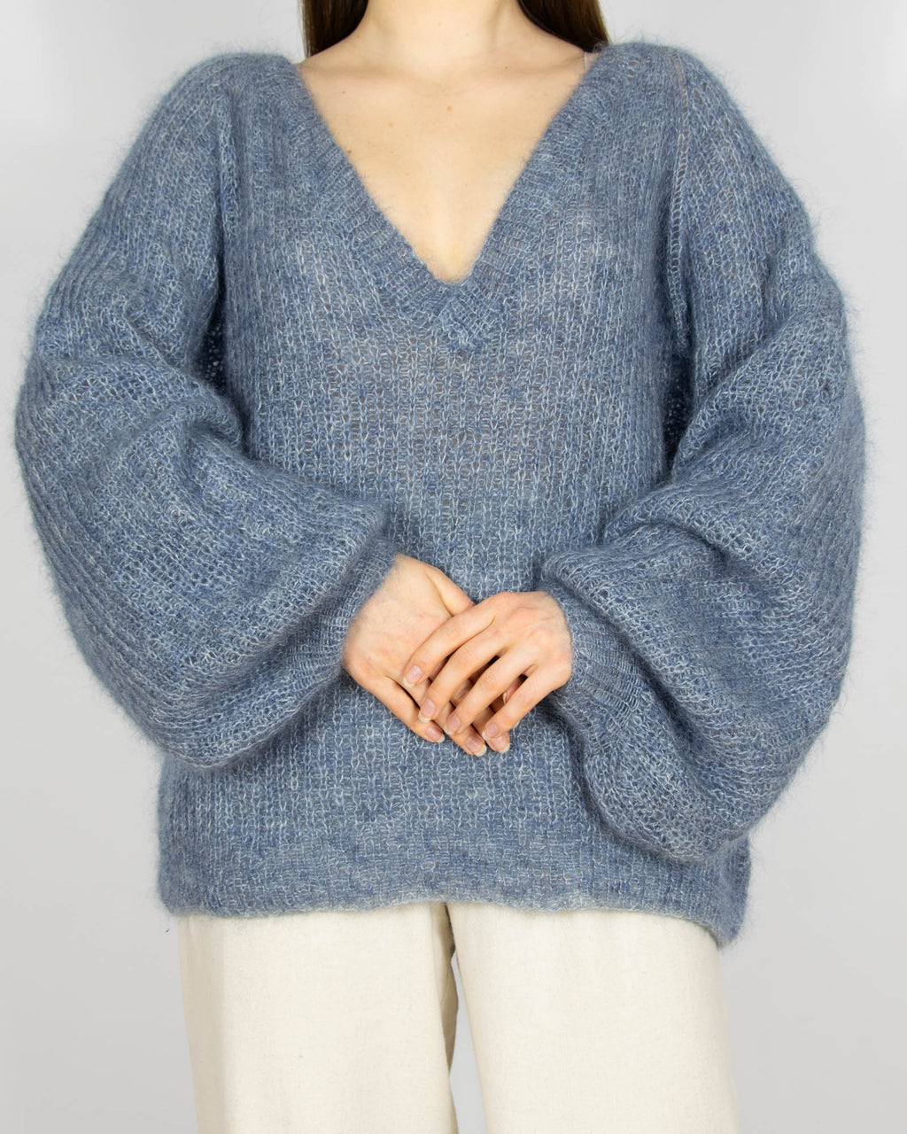 Niebiesko szary moherowy sweter HANDMADE