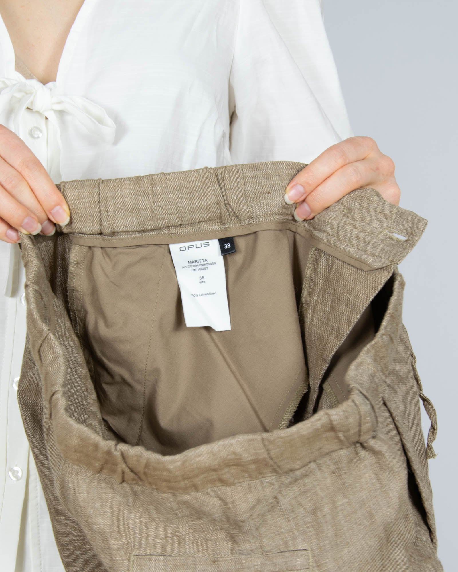 Brązowe lniane spodnie z szeroką nogawką - M