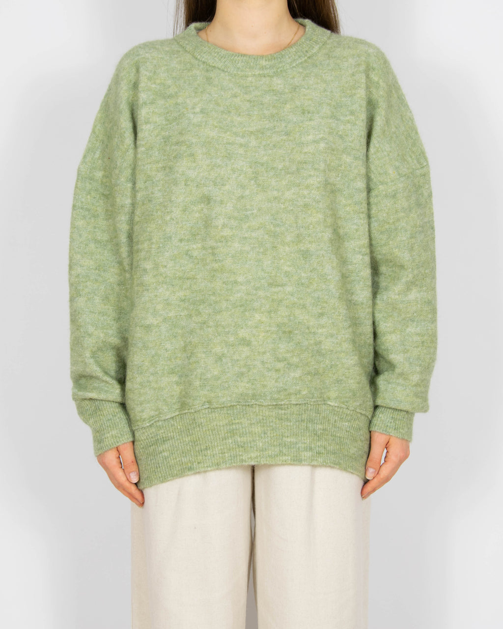 Pistacjowy wełniany (wełna i moher) sweter FREE/QUENT - M/L