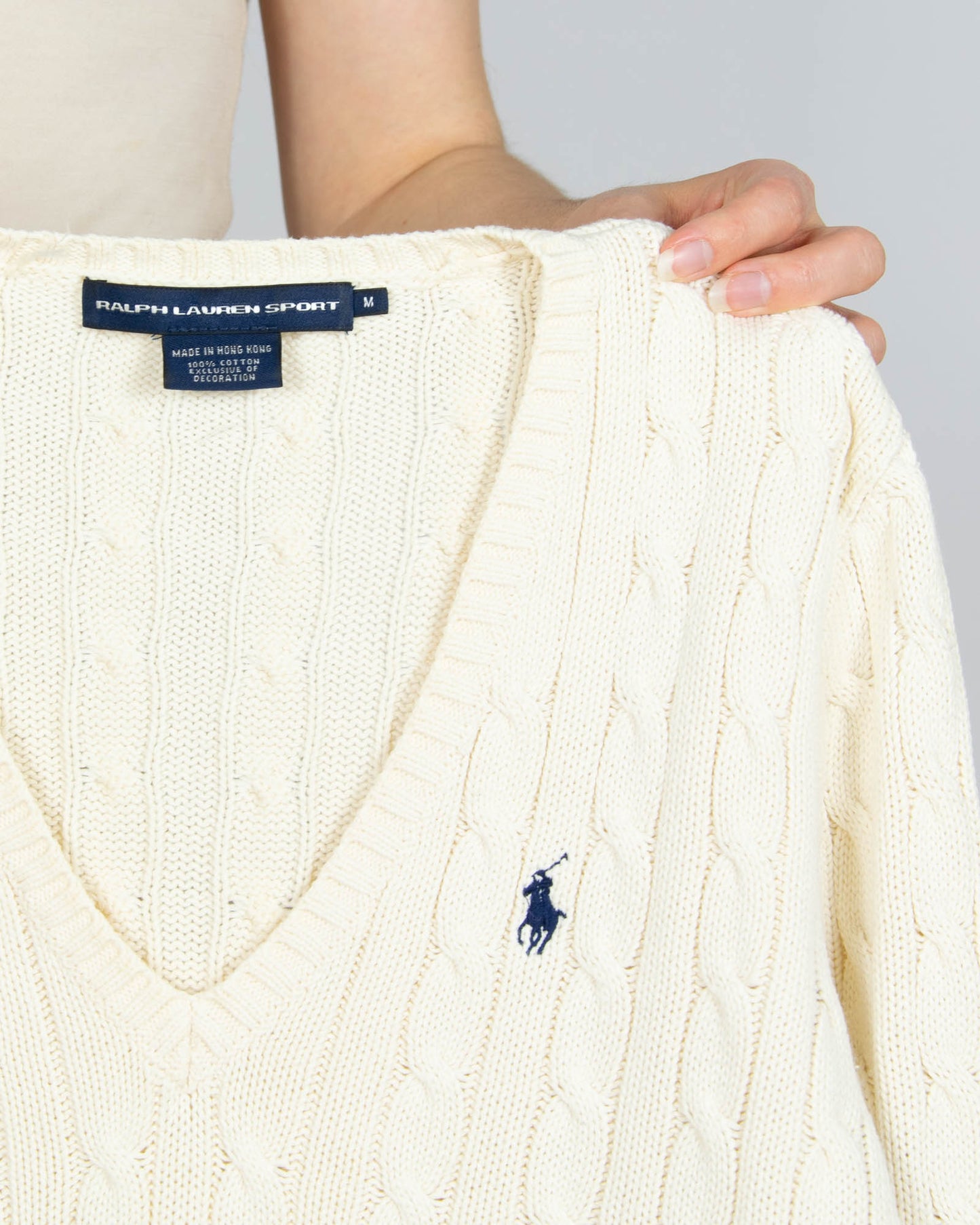 Kremowy bawełniany sweter warkoczowy Ralph Lauren - M