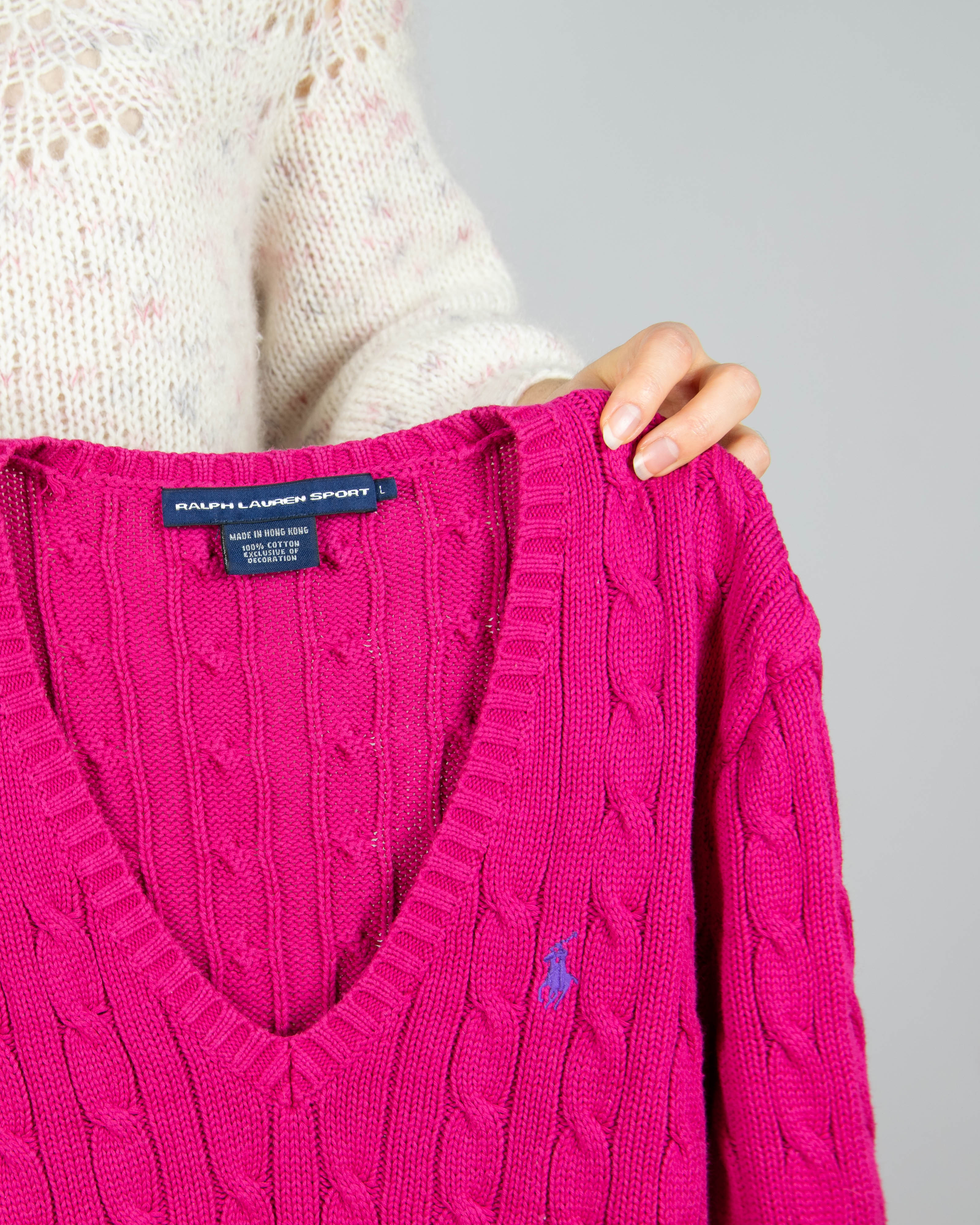 Fuksjowy bawełniany sweter cable knit Ralph Lauren - L