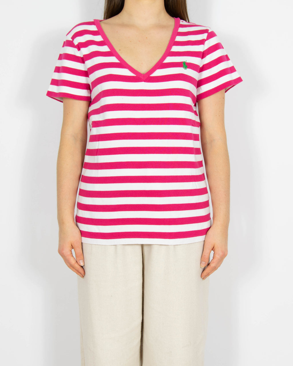 Różowo biały bawełniany T-shirt w paski Ralph Lauren - M/L