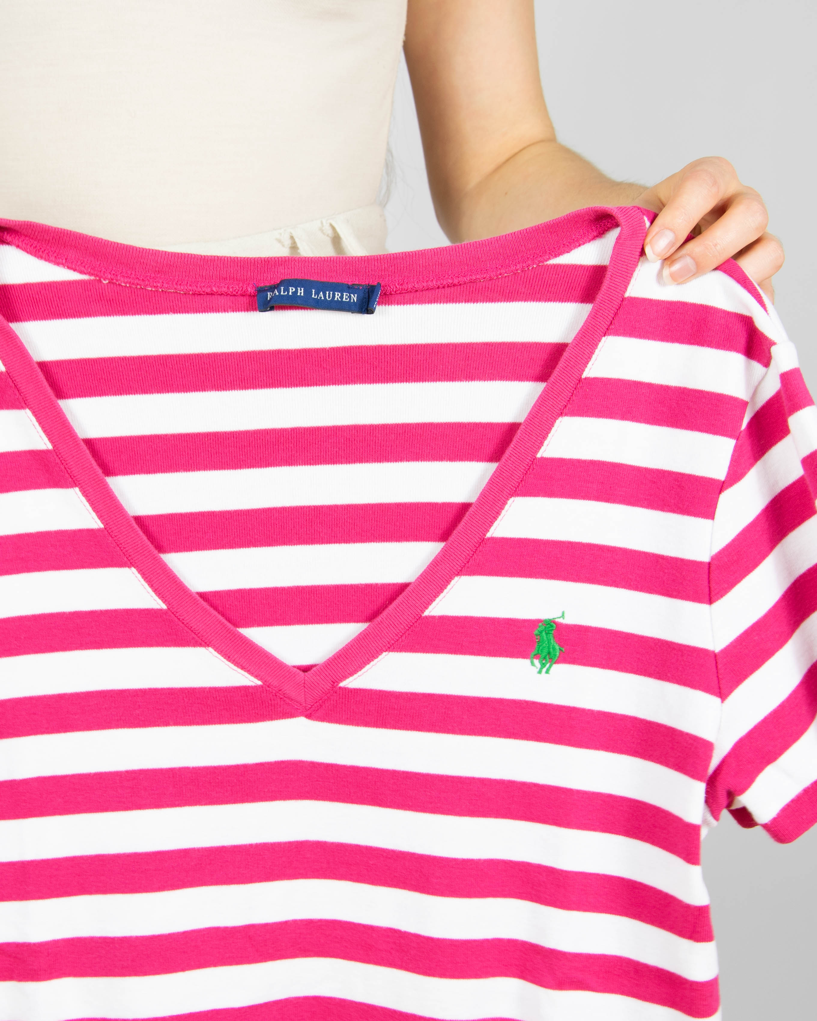 Różowo biały bawełniany T-shirt w paski Ralph Lauren - M/L