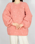 Pastelowy rózowy wełniany (alpaka) sweter z perełkami Handmade