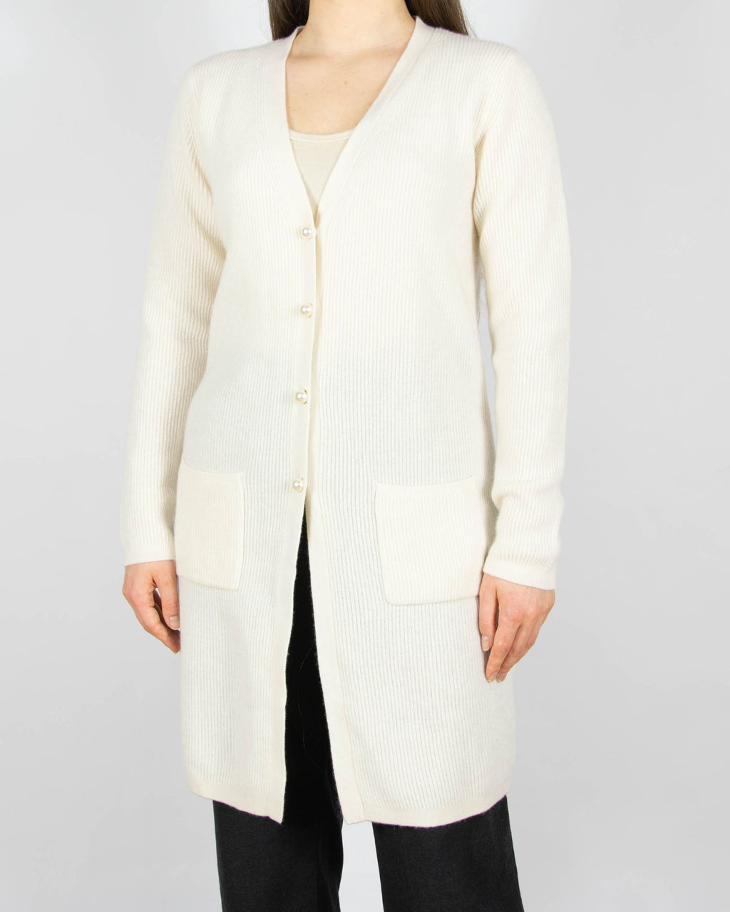 Śmietankowy kaszmirowy długi kardigan duńskiej marki premium O'TAY