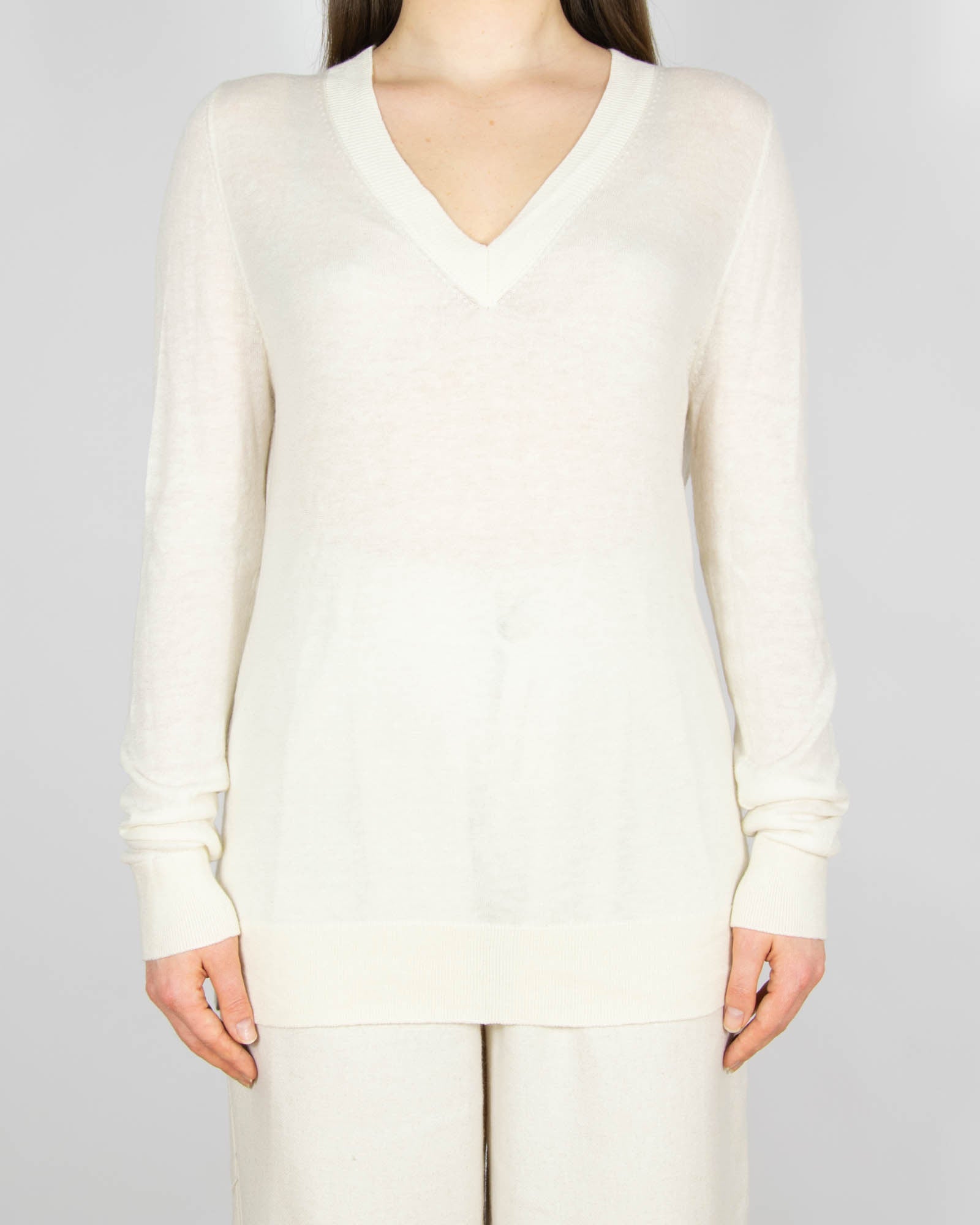 Śmietankowy wełniany (wełna + lyocell + kaszmir) cienki sweter  - S