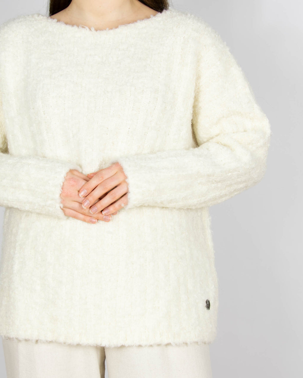 Śmietankowy wełniany boucle (wełna + moher) sweter - L