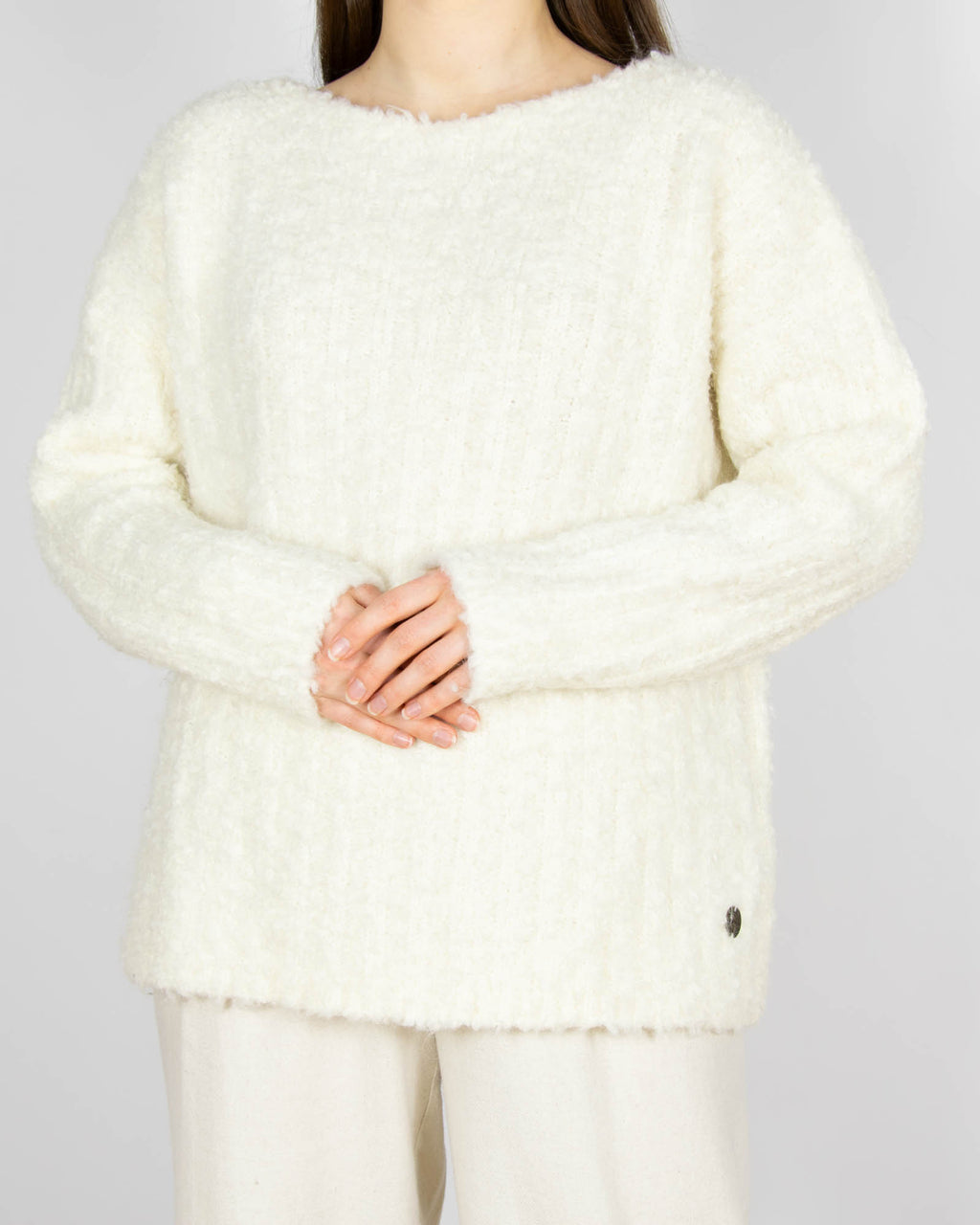Śmietankowy wełniany boucle (wełna + moher) sweter - L