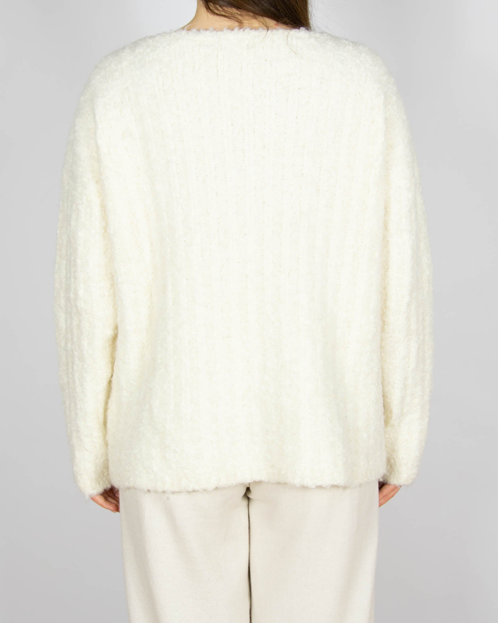 Śmietankowy wełniany boucle (wełna + moher) sweter - L
