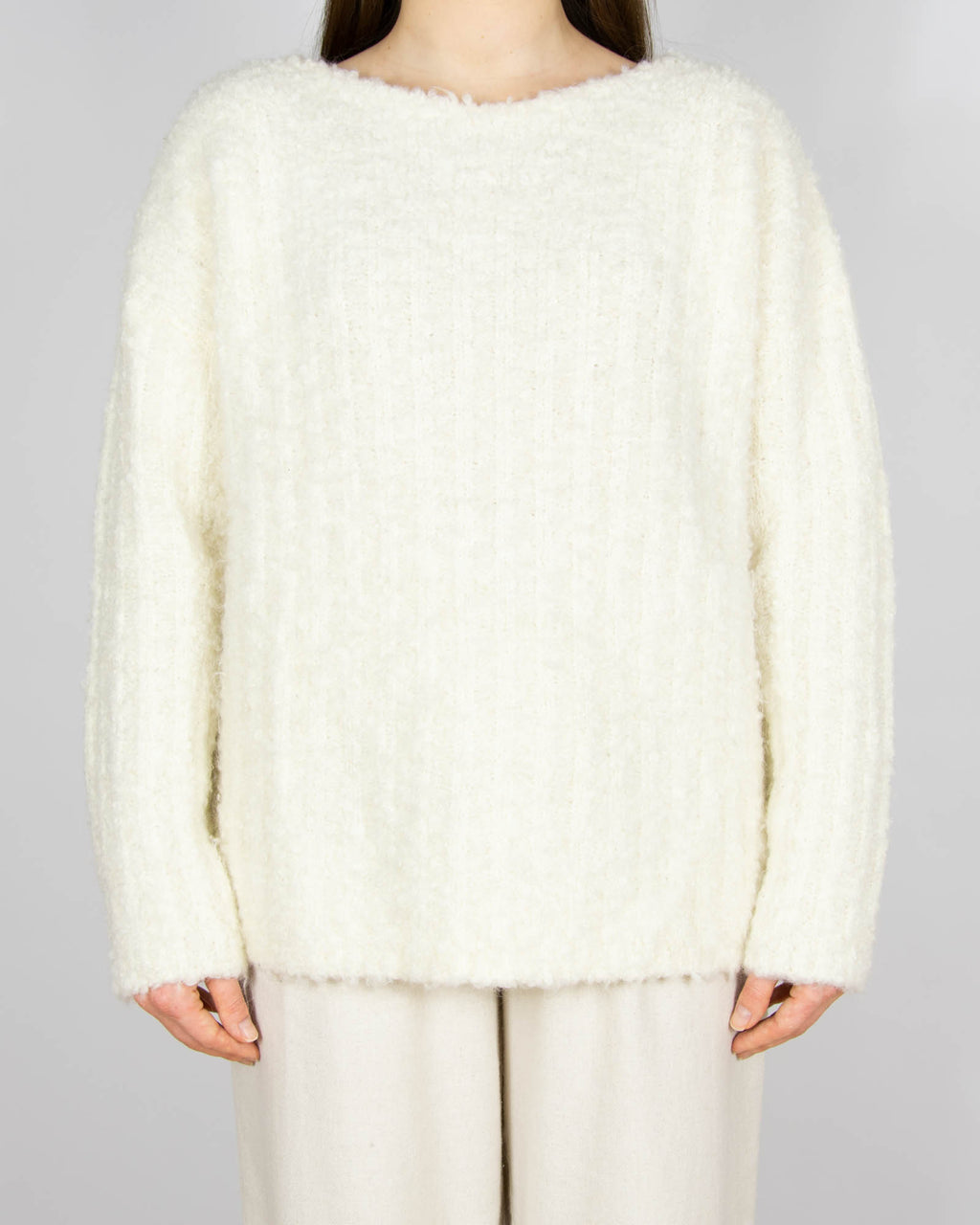 Śmietankowy wełniany boucle (wełna + moher) sweter - L