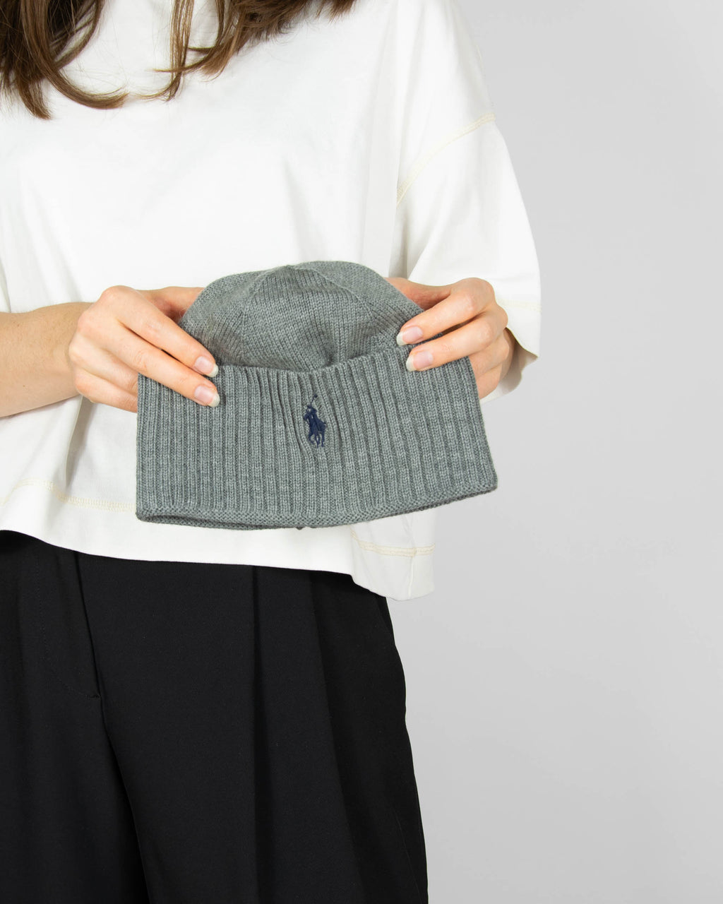 Szara wełniana (merino) czapka marki premium Ralph Lauren
