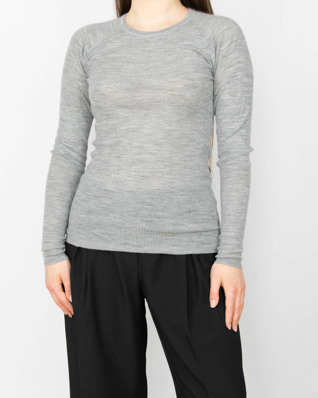 Szara&nbsp;(wełna merino + tencel) bluzka z długim rękawem marki Pierre Robert