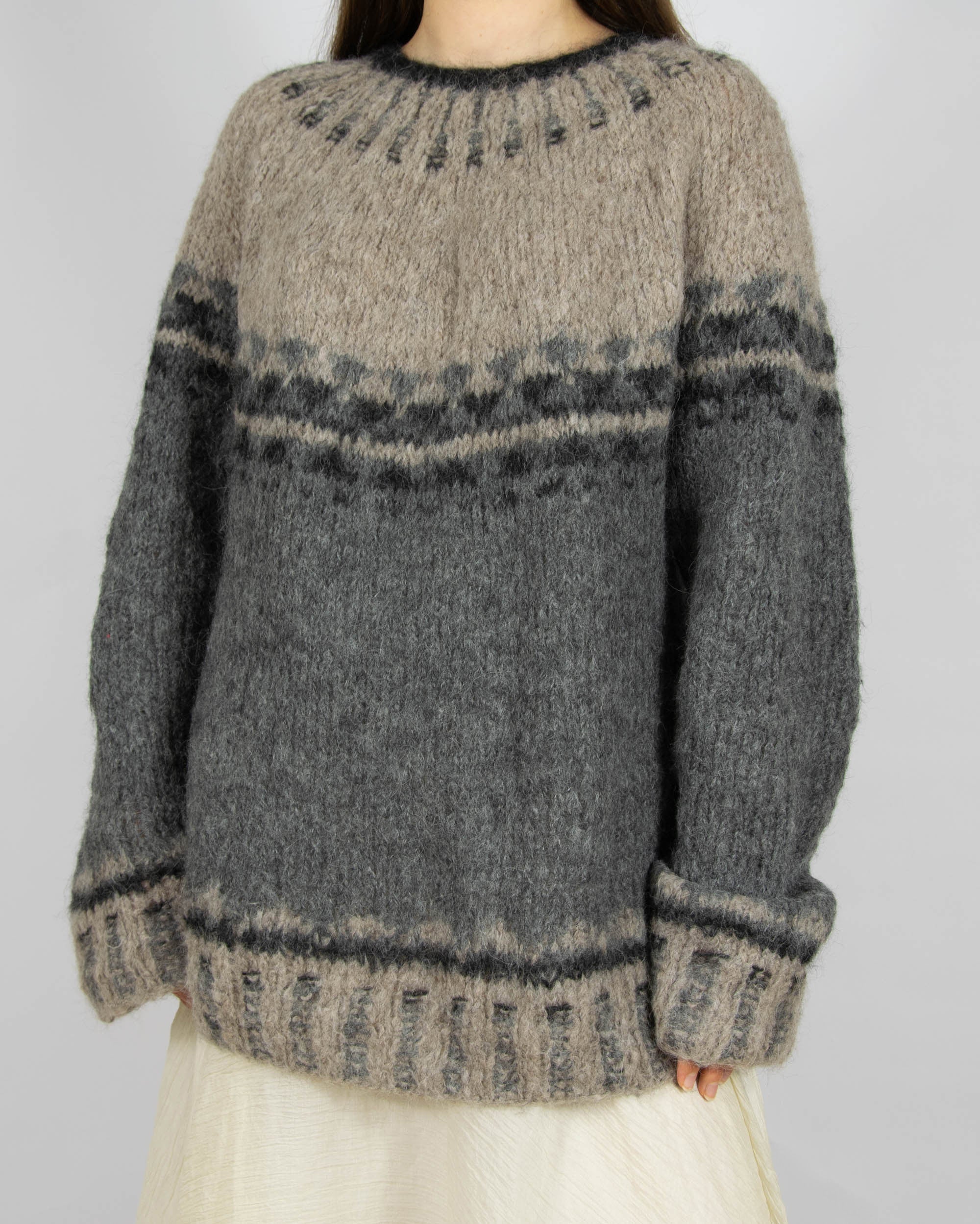 Szarobeżowy (alpaka) sweter Handmade - M/L