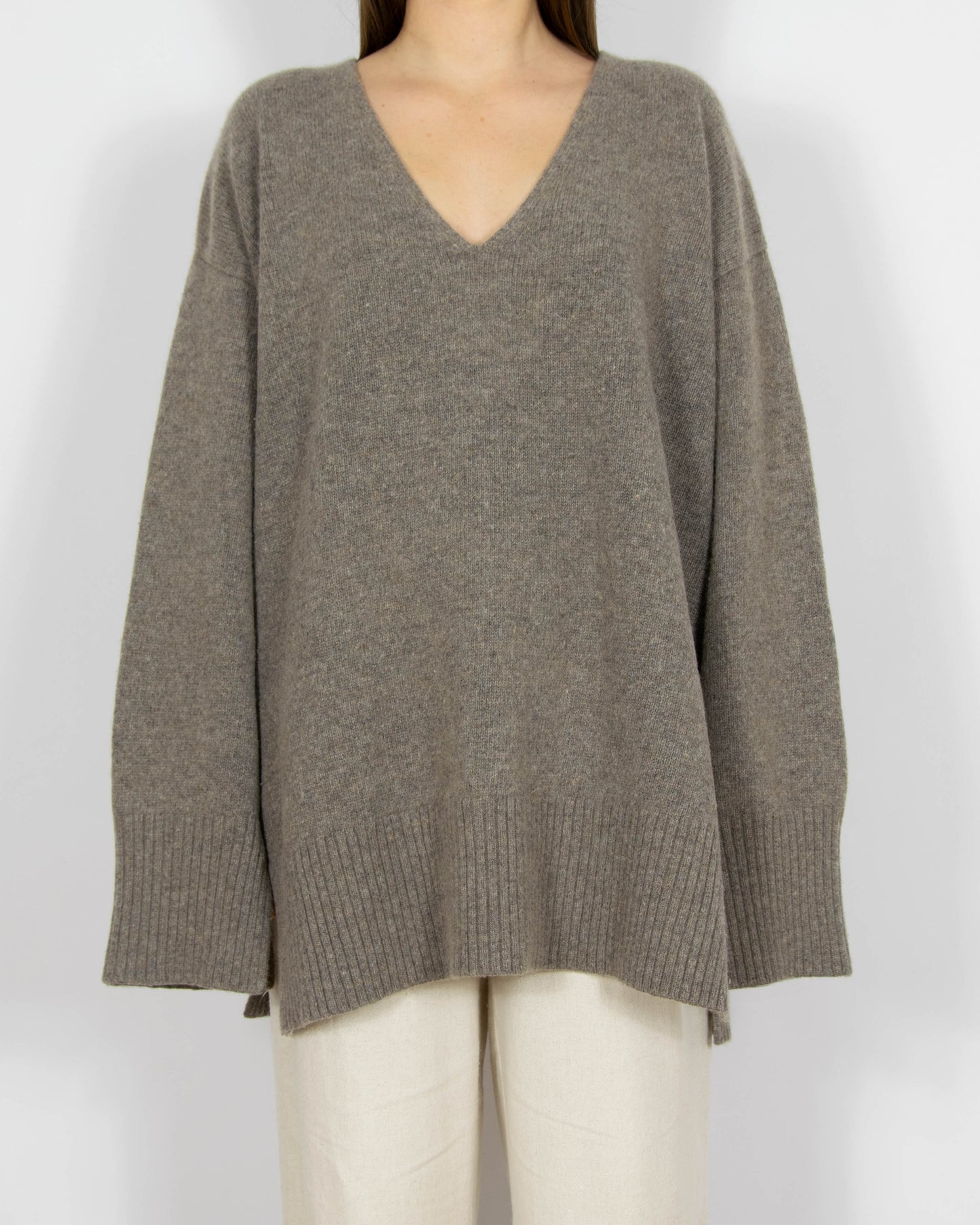 Szaro brązowy wełniany (merino) sweter oversize H&M Premium Selection - M