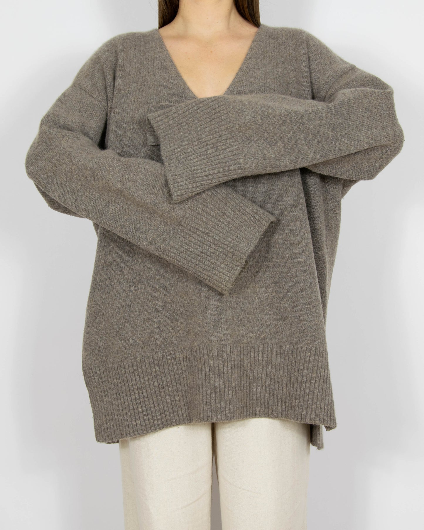 Szaro brązowy wełniany (merino) sweter oversize H&M Premium Selection - M