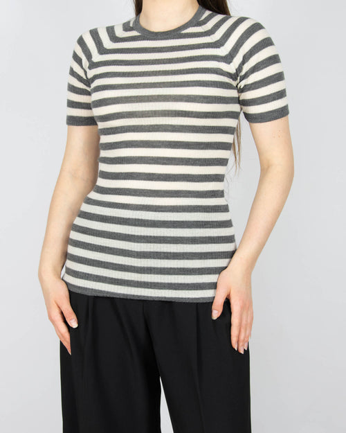 Kremowo szara (wełna merino + tencel) bluzka w paski skandynawskiej marki Pierre Robert.