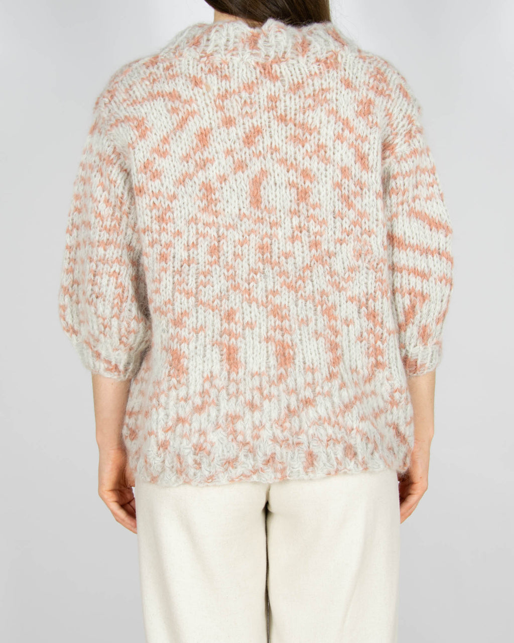 Szaro różowy wełniany (alpaka) sweter z krótkim rękawem Handmade