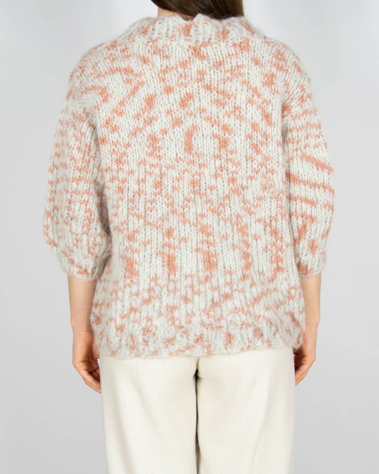 Szaro różowy wełniany (alpaka) sweter z krótkim rękawem Handmade