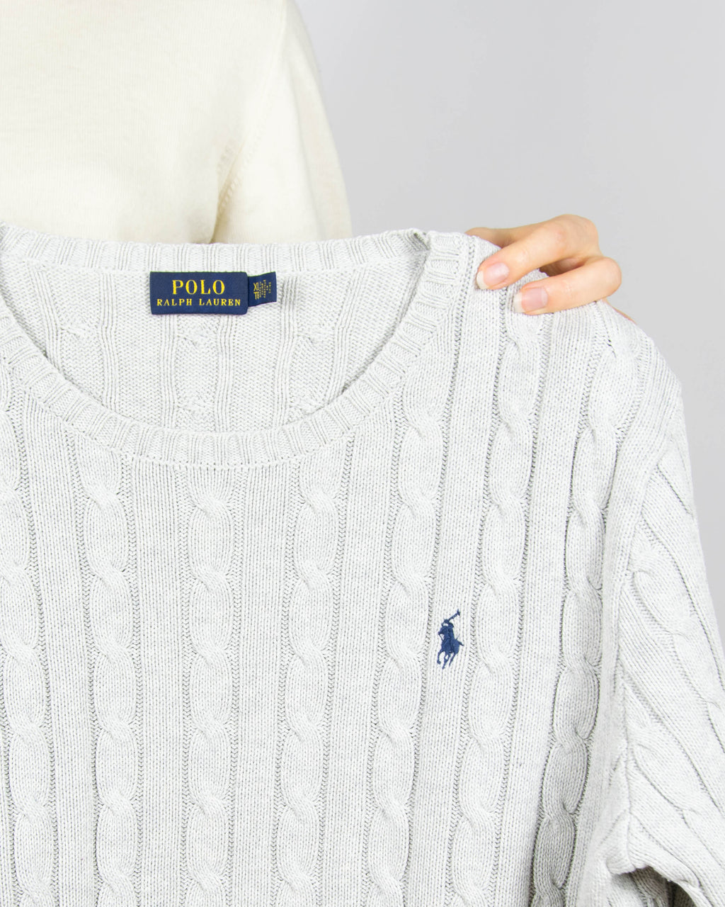 Jasnoszary bawełniany sweter cable knit Ralph Lauren - M/L