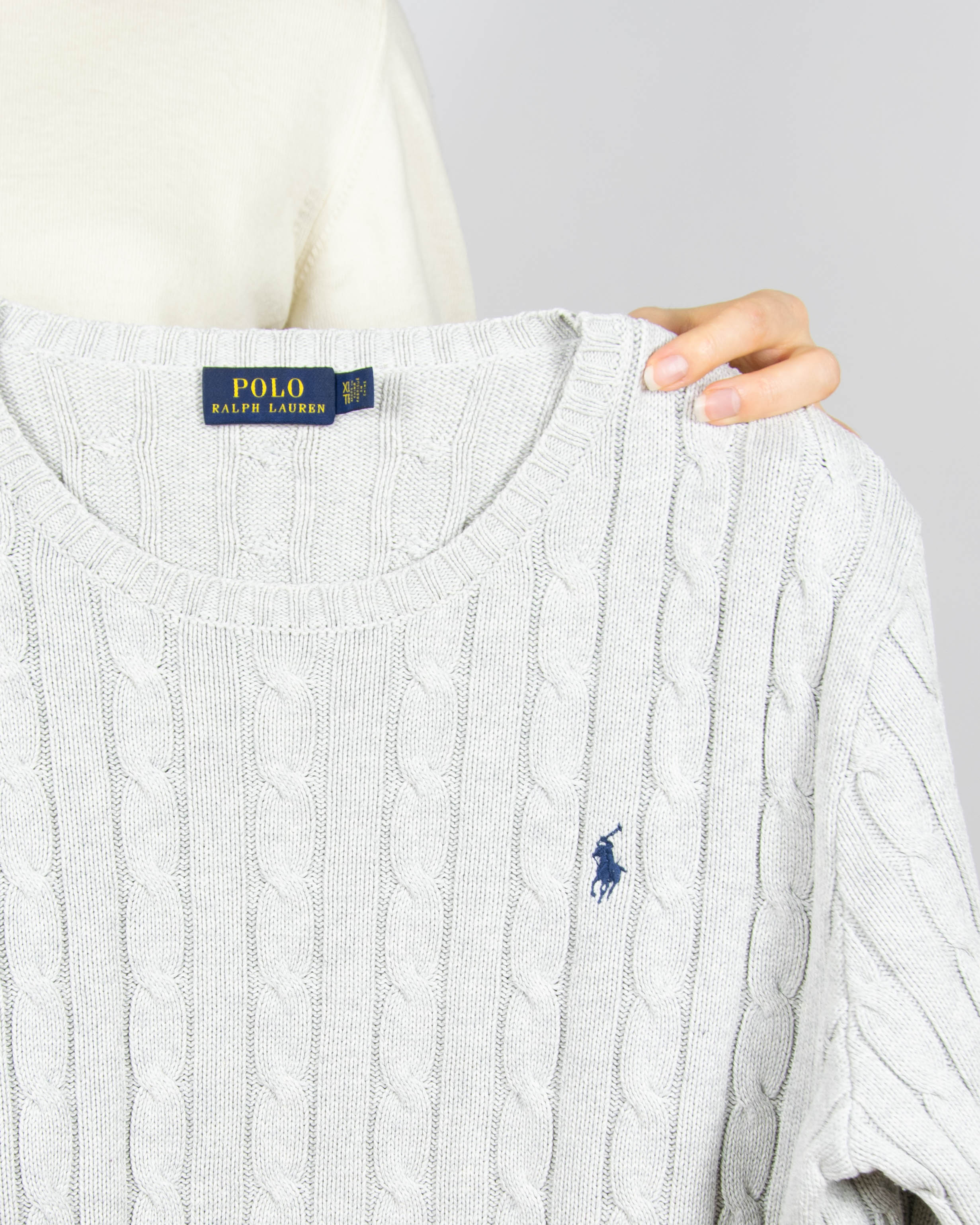 Jasnoszary bawełniany sweter cable knit Ralph Lauren - M/L