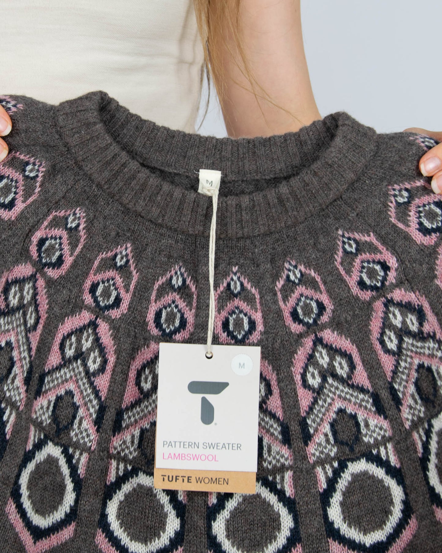 Nowy brązowo różowy (wełna jagnięca + merino) sweter norweski Tufte - M