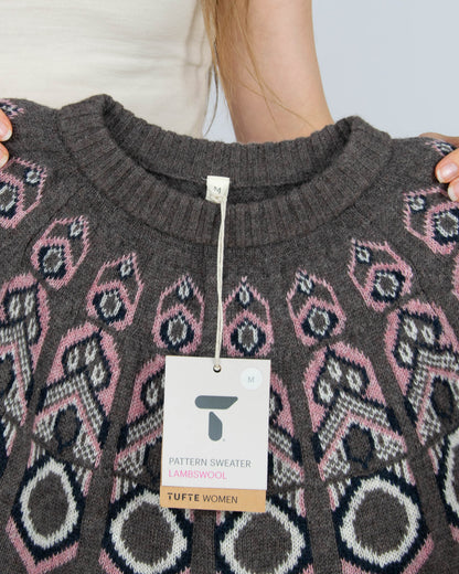 Nowy brązowo różowy (wełna jagnięca + merino) sweter norweski Tufte - M