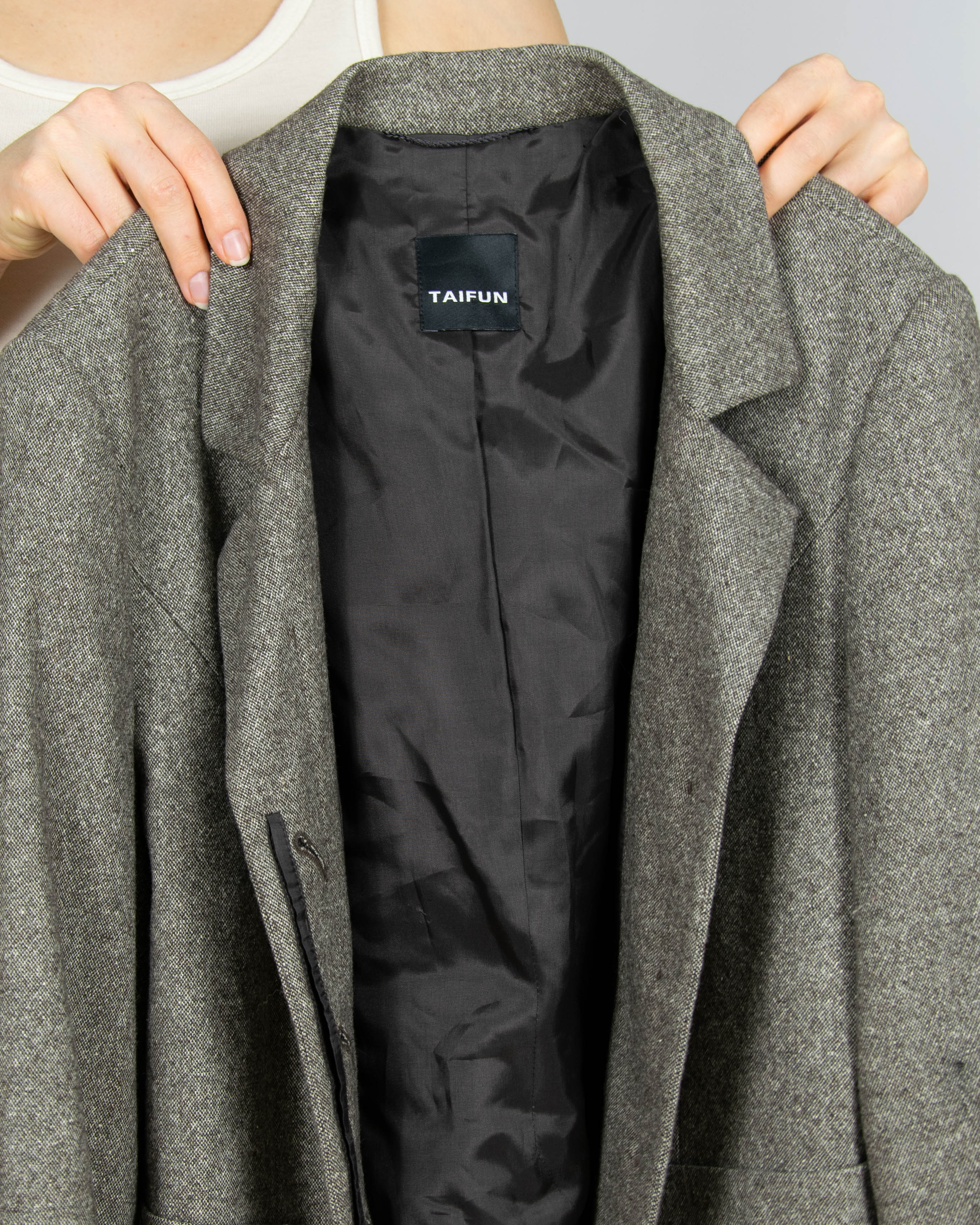 Brązowo szara wełniana marynarka z jedwabiem TAIFUN - S