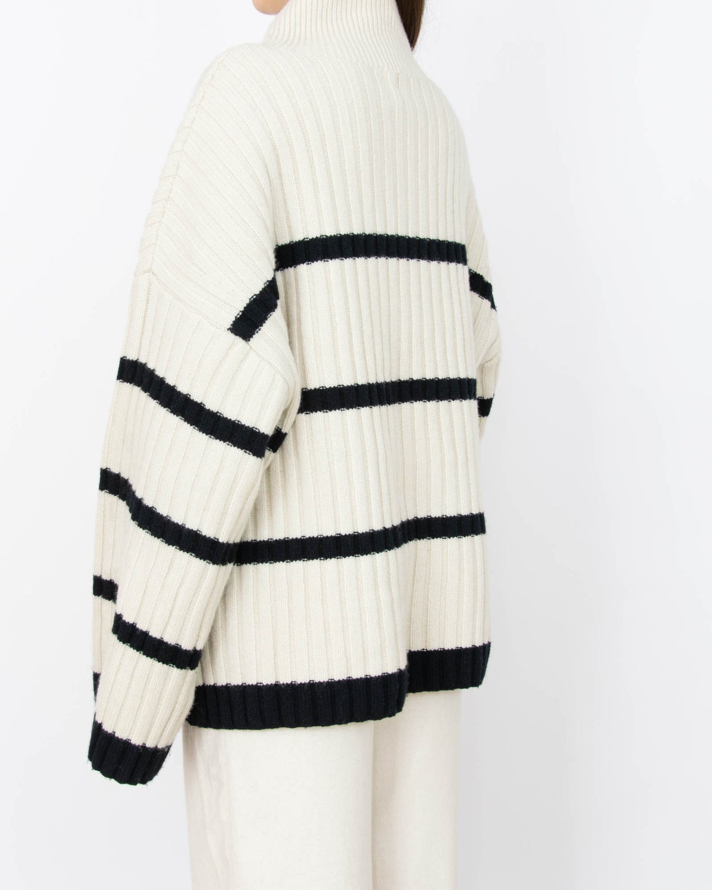 Kremowo czarny wełniany sweter w paski H&M Premium - M