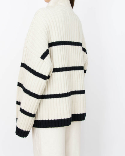 Kremowo czarny wełniany sweter w paski H&M Premium - M