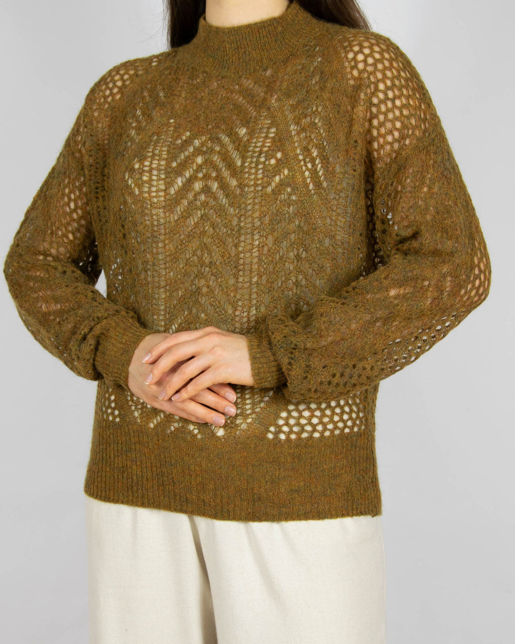 Zielonobrązowy (superfine alpaka + extrafine merino) sweter WOODLING - S/M