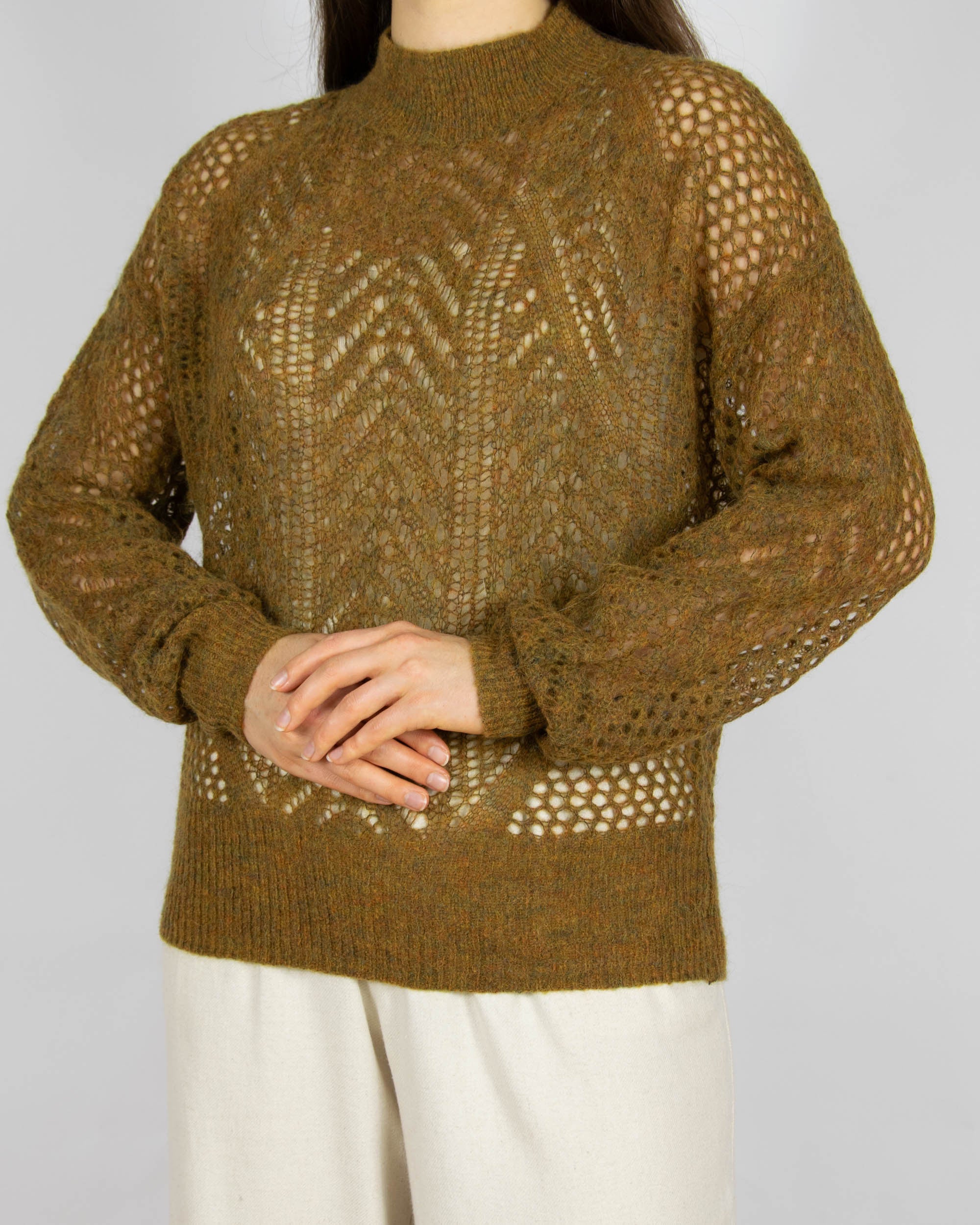 Zielonobrązowy (superfine alpaka + extrafine merino) sweter WOODLING - S/M