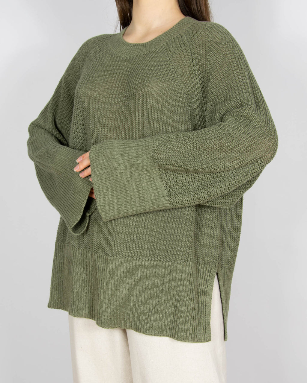 Zielony khaki lniany sweter - XL