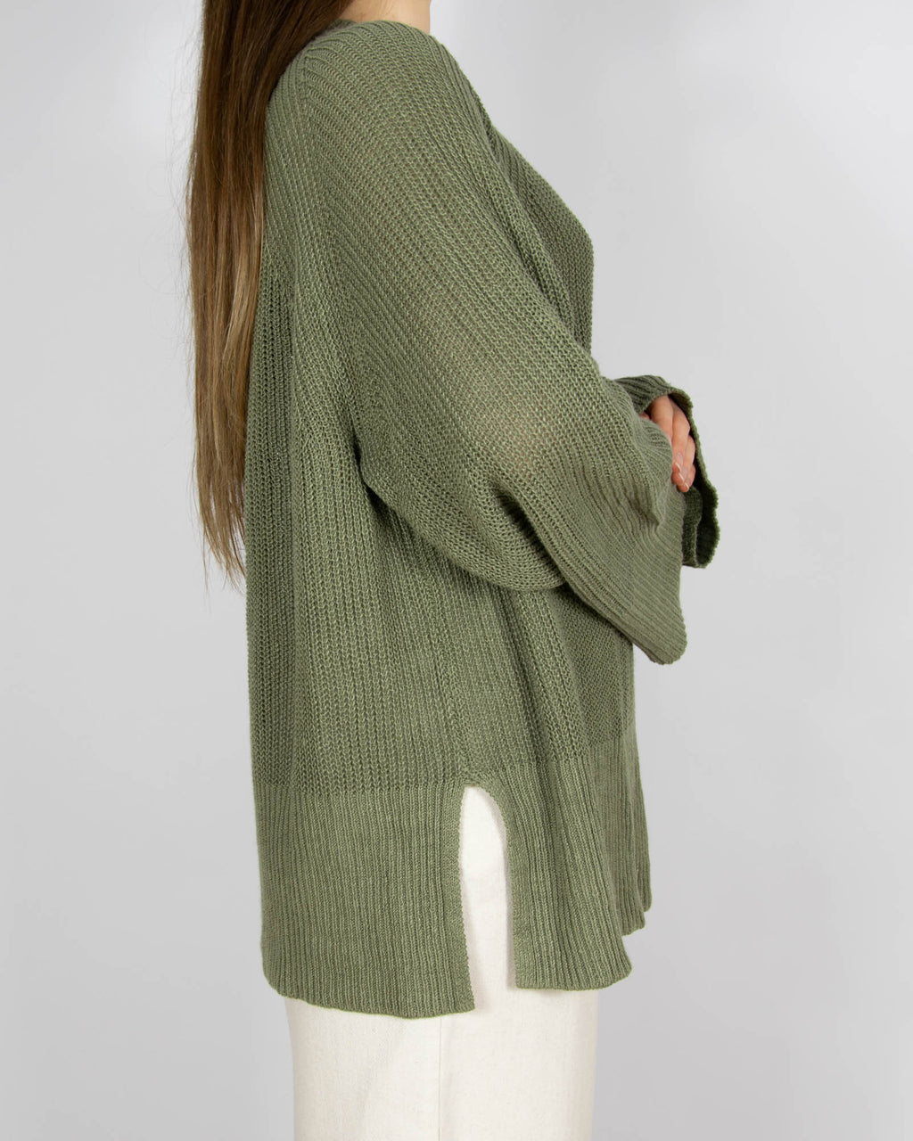 Zielony khaki lniany sweter - XL