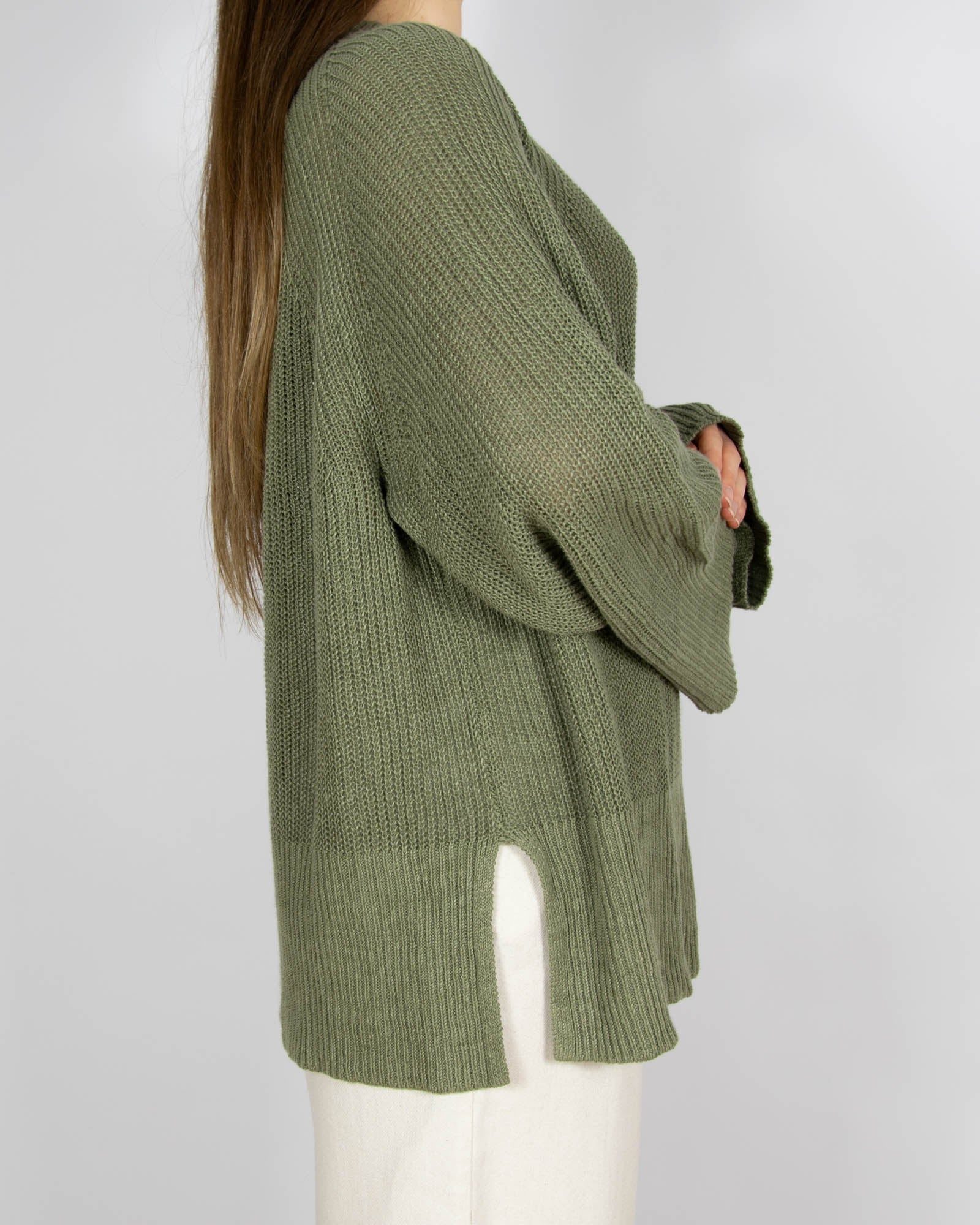 Zielony khaki lniany sweter - XL
