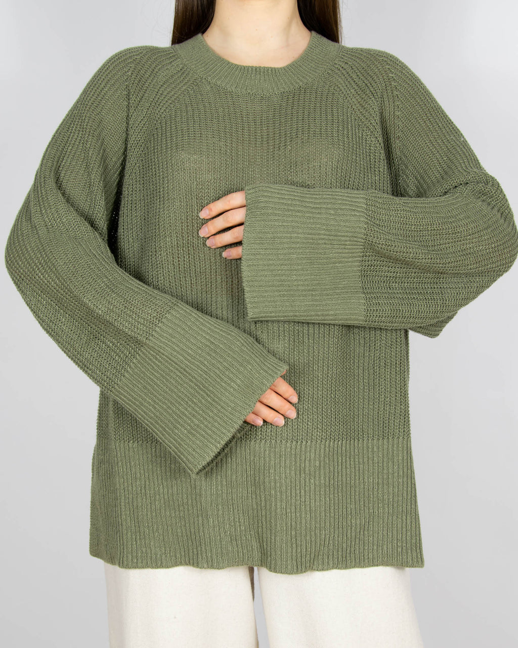Zielony khaki lniany sweter - XL