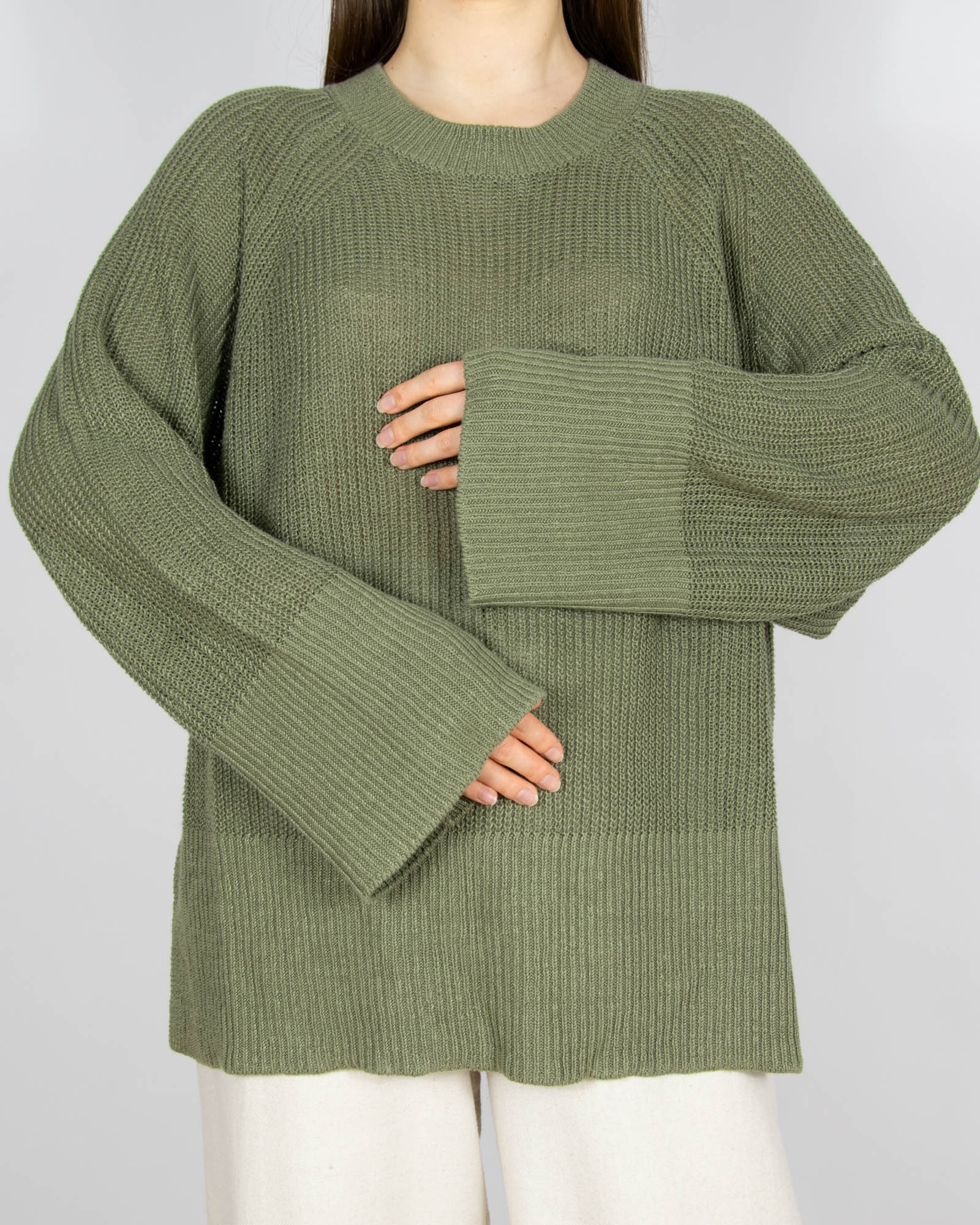 Zielony khaki lniany sweter - XL