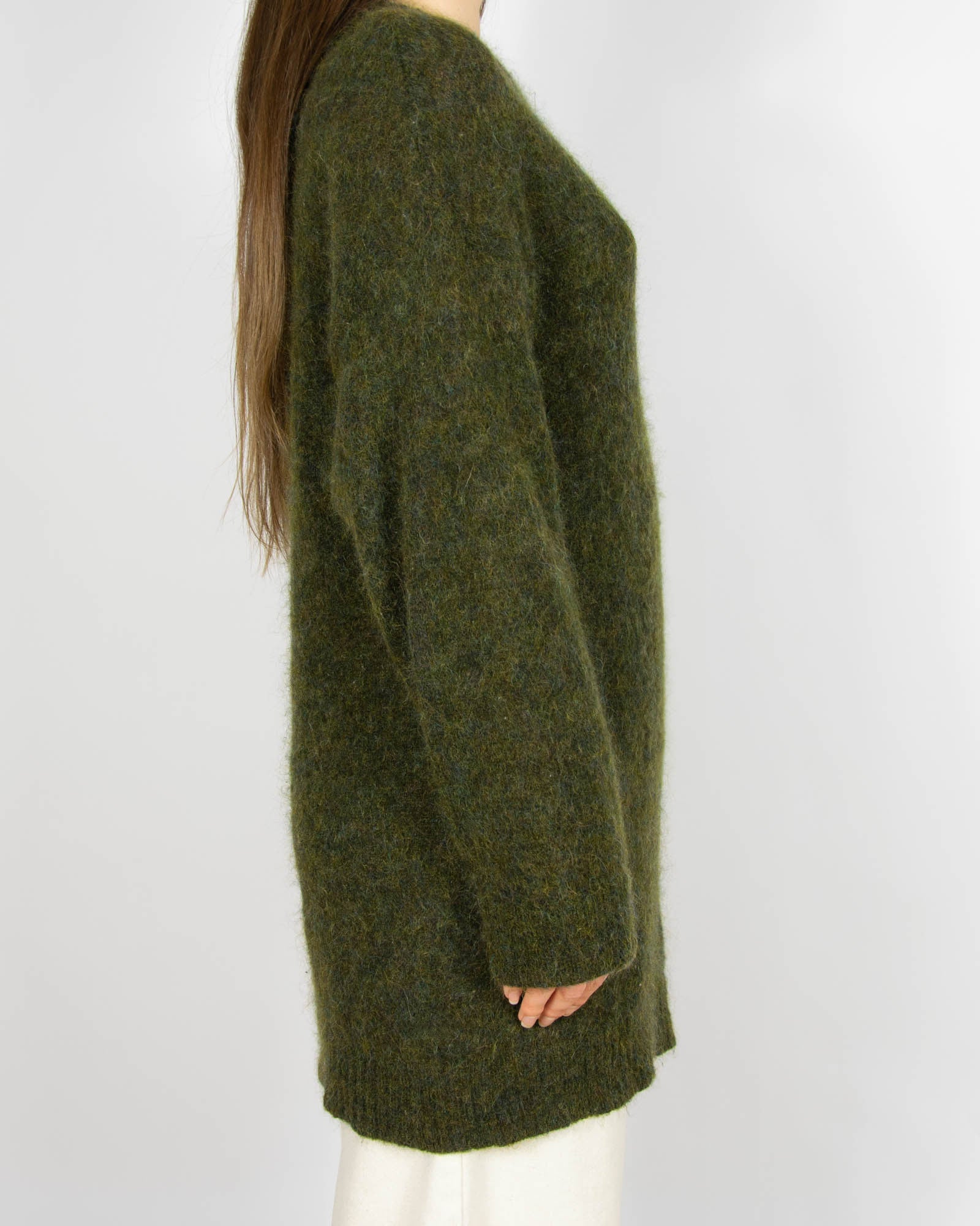 Zielony khaki wełniany (wełna + moher) sweter - S/M