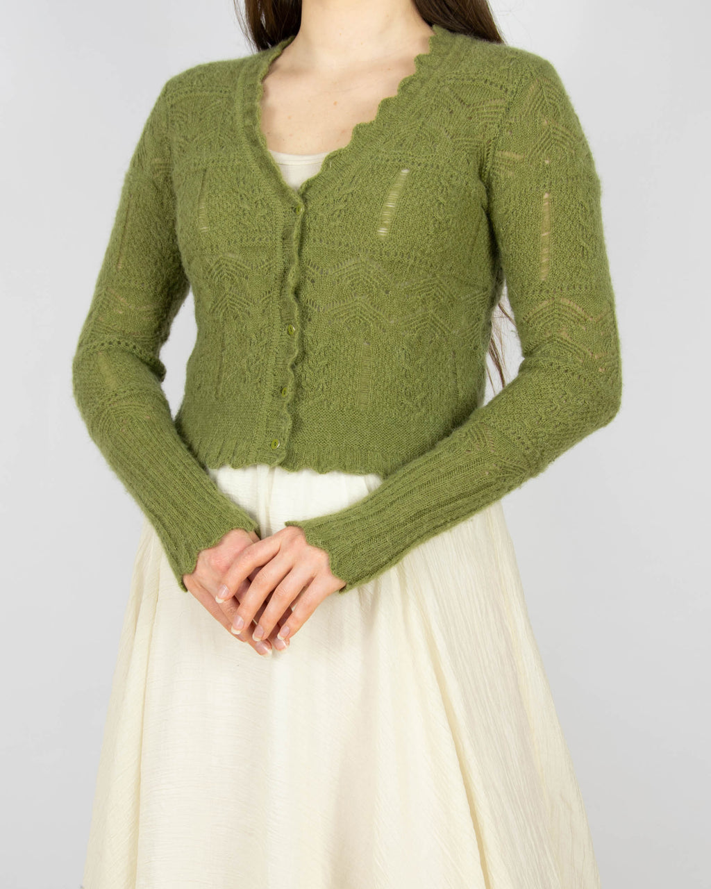 Oliwkowy (wełna + alpaka) kardigan marki premium ALLSAINTS. Model kardiganu: Vanessa Cardigan